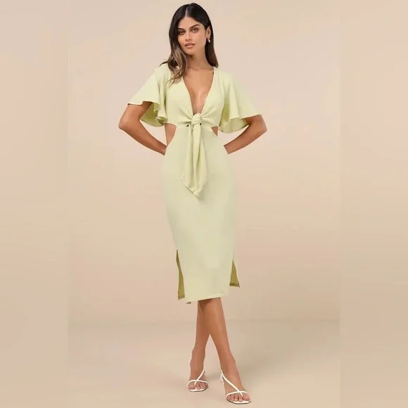Lulus Summer Journey Light Green Tie-Front Linen Cutout Midi Dress - Picture 5 of 9